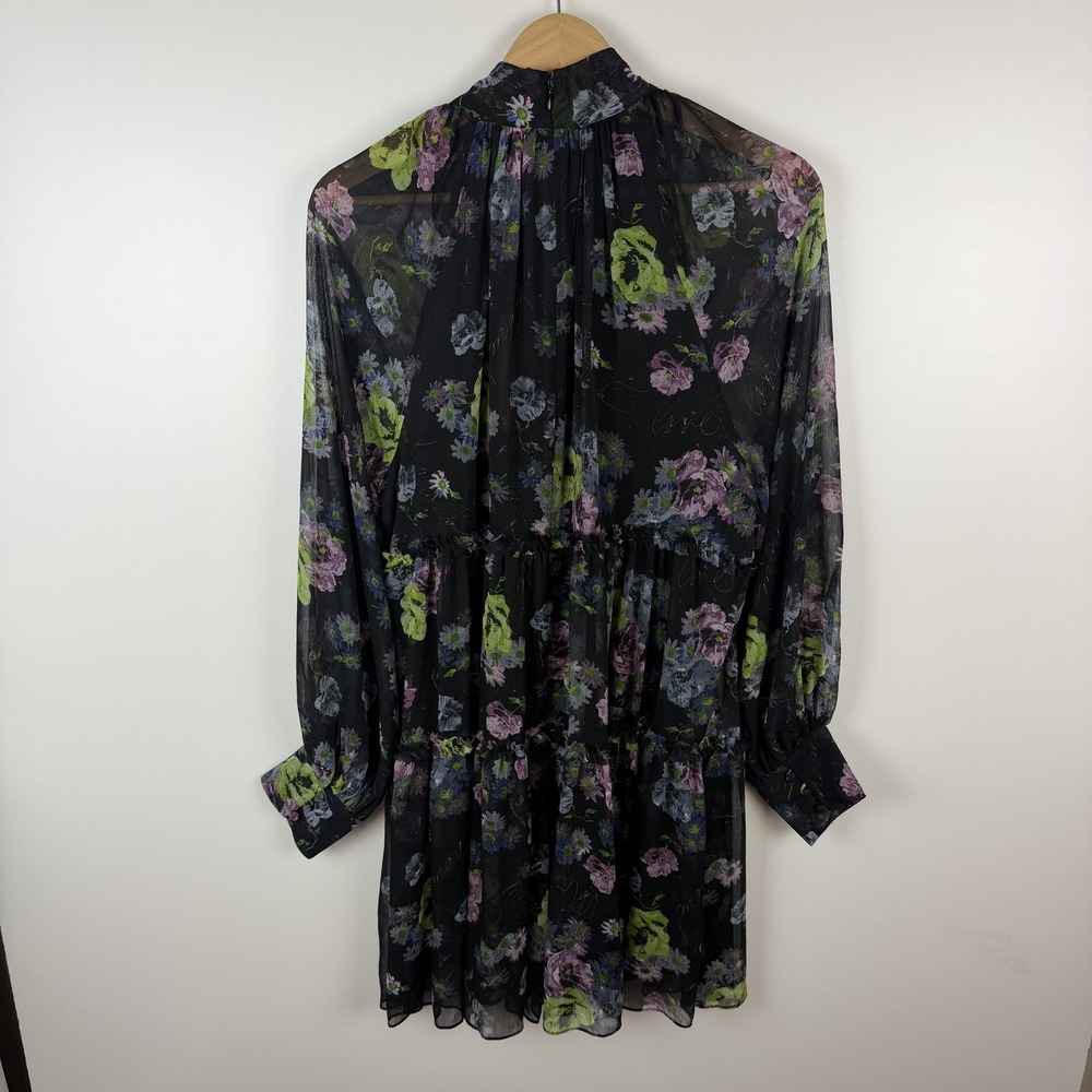 NWT Cinq a Sept Midnight Bloom Revina Dress Size 12 Dark Floral Tie Neck Tiered - Picture 5 of 15